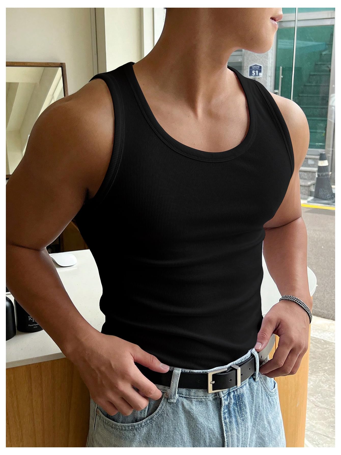 Men's Summer Tank Top Scoop Neck Workout Gym Muscle Tank T-Shirt Sleeveless Undershirt Support Customization (OEM) Sialkot Protective Wear. - Image 3