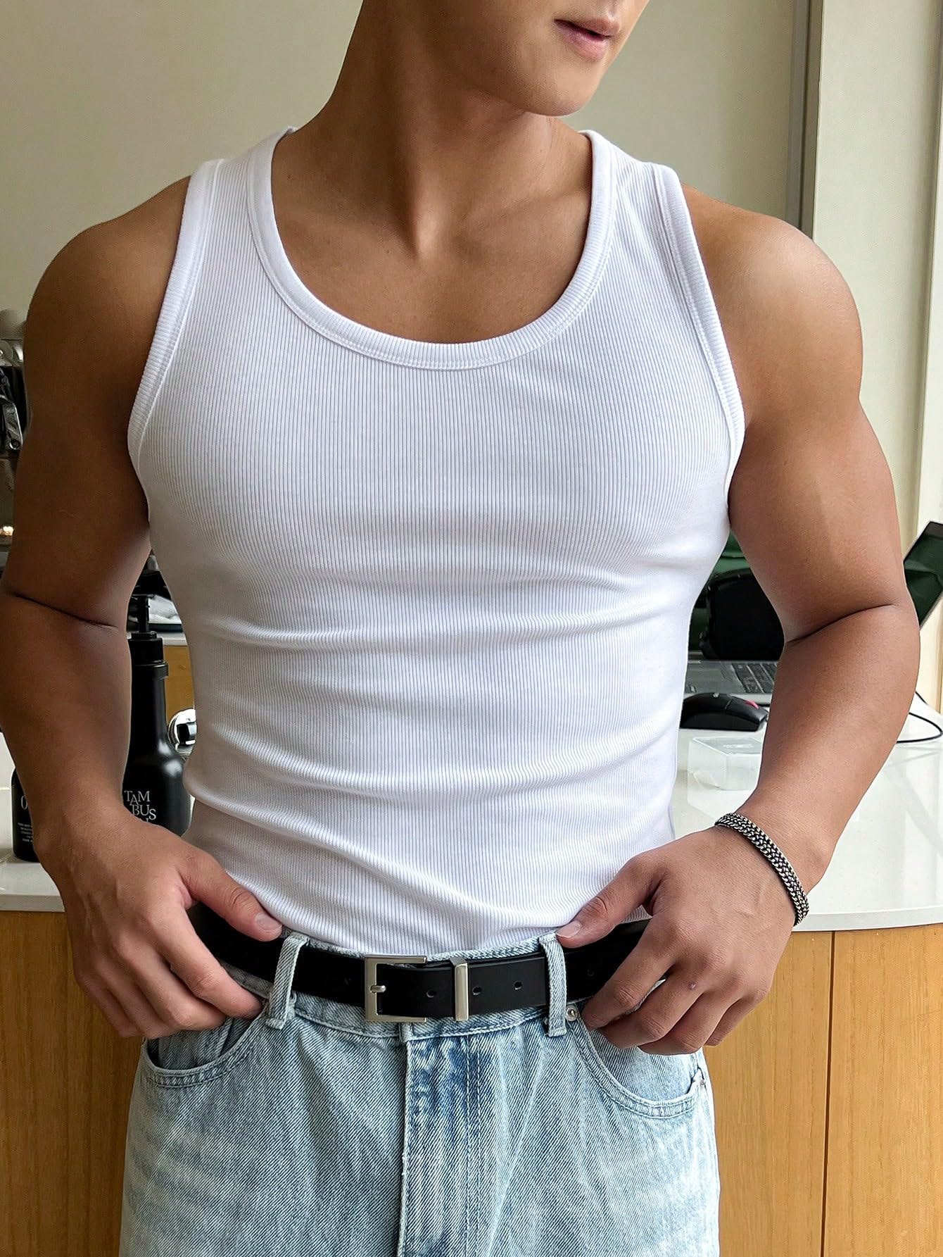 Men's Summer Tank Top Scoop Neck Workout Gym Muscle Tank T-Shirt Sleeveless Undershirt Support Customization (OEM) Sialkot Protective Wear. - Image 6