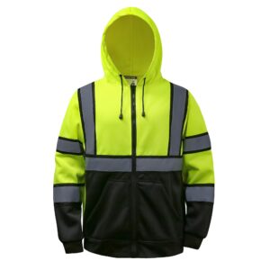 High visibility Hoodie for Men, Hi Vis Hoodie with Zipper, Reflective Hooded Hood, Construction work Safety Sweatshirt with Large front Pocket for Men/Women Black Bottom Large Support Customization (OEM) Sialkot Protective Wear.